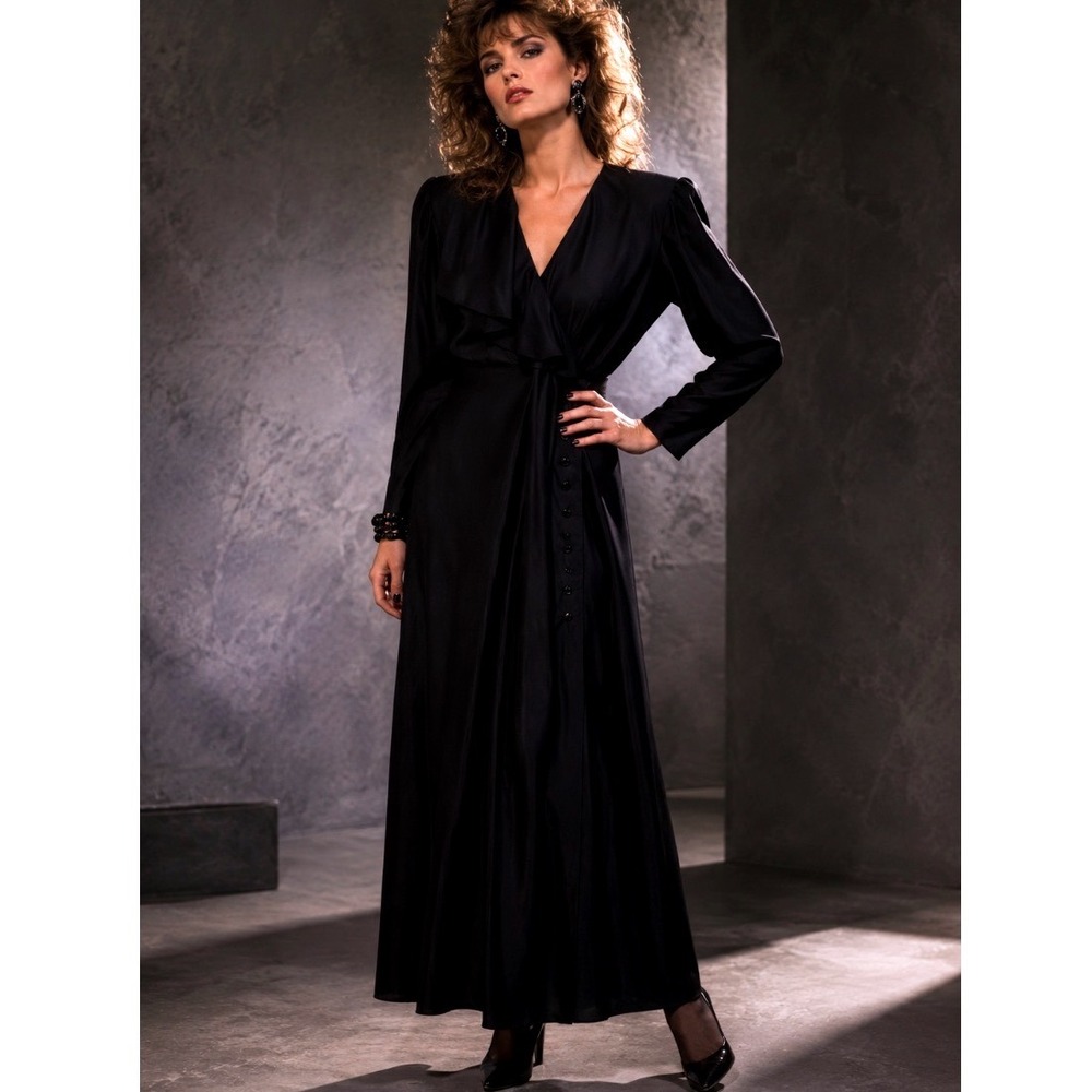 VTG Y2k  80's April Rain Maxi Dress Black‎ Ruffle Glam Rock Goth Grung